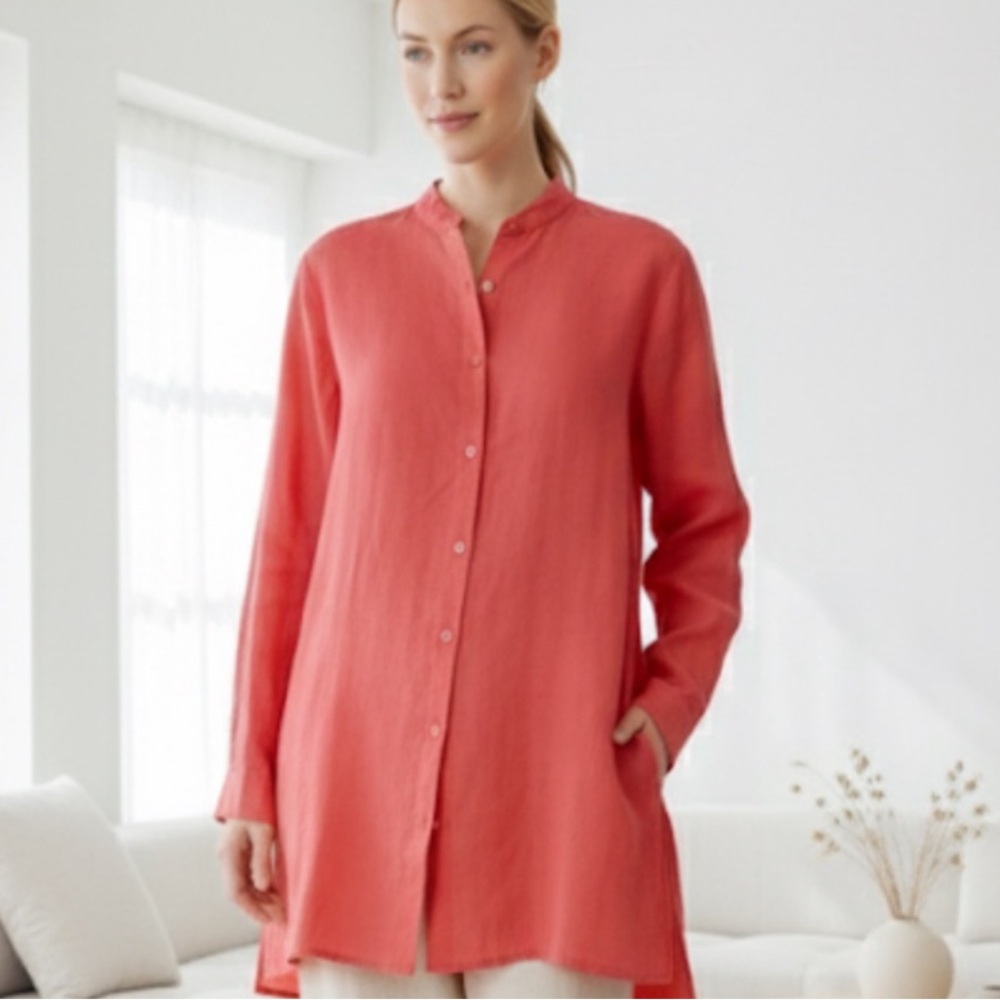Eileen Fisher 100% Irish Linen Coral Pink Mandarin Collar Oversized Button Shirt